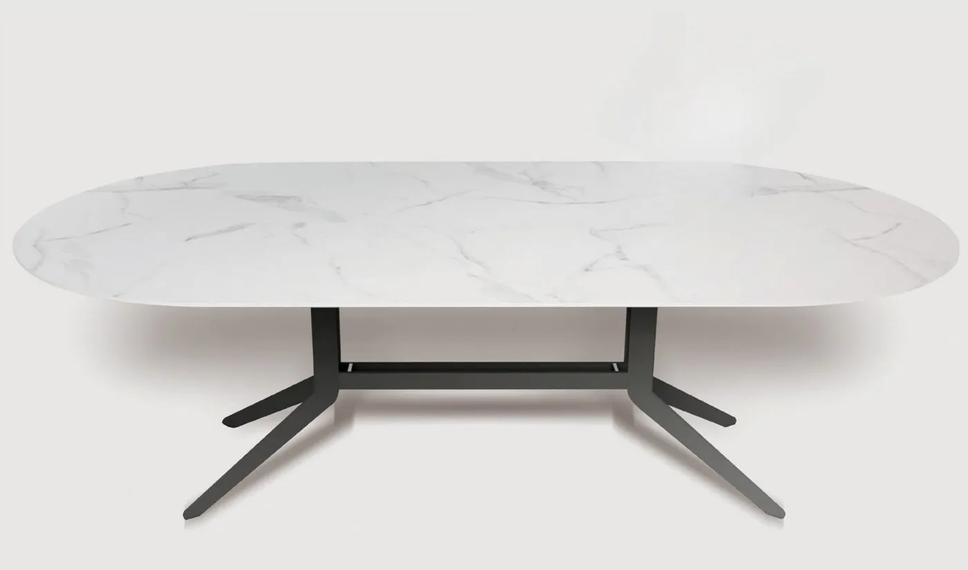 Mesa de Jantar Amalfi — tampo em Mármore Tecnológico, base em aço carbono