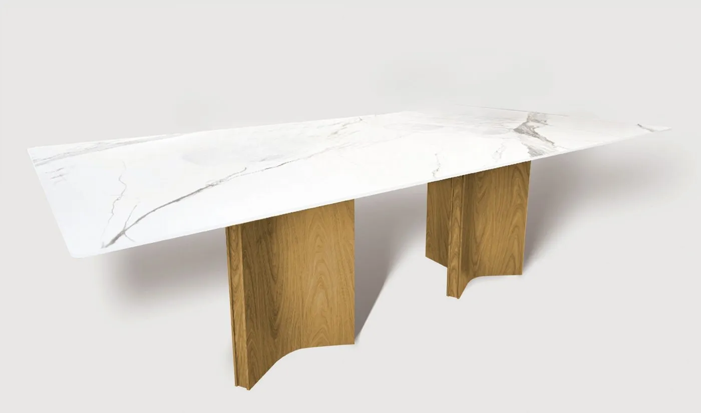 Mesa de Jantar Benz — tampo em Mármore Tecnológico, base em aço carbono