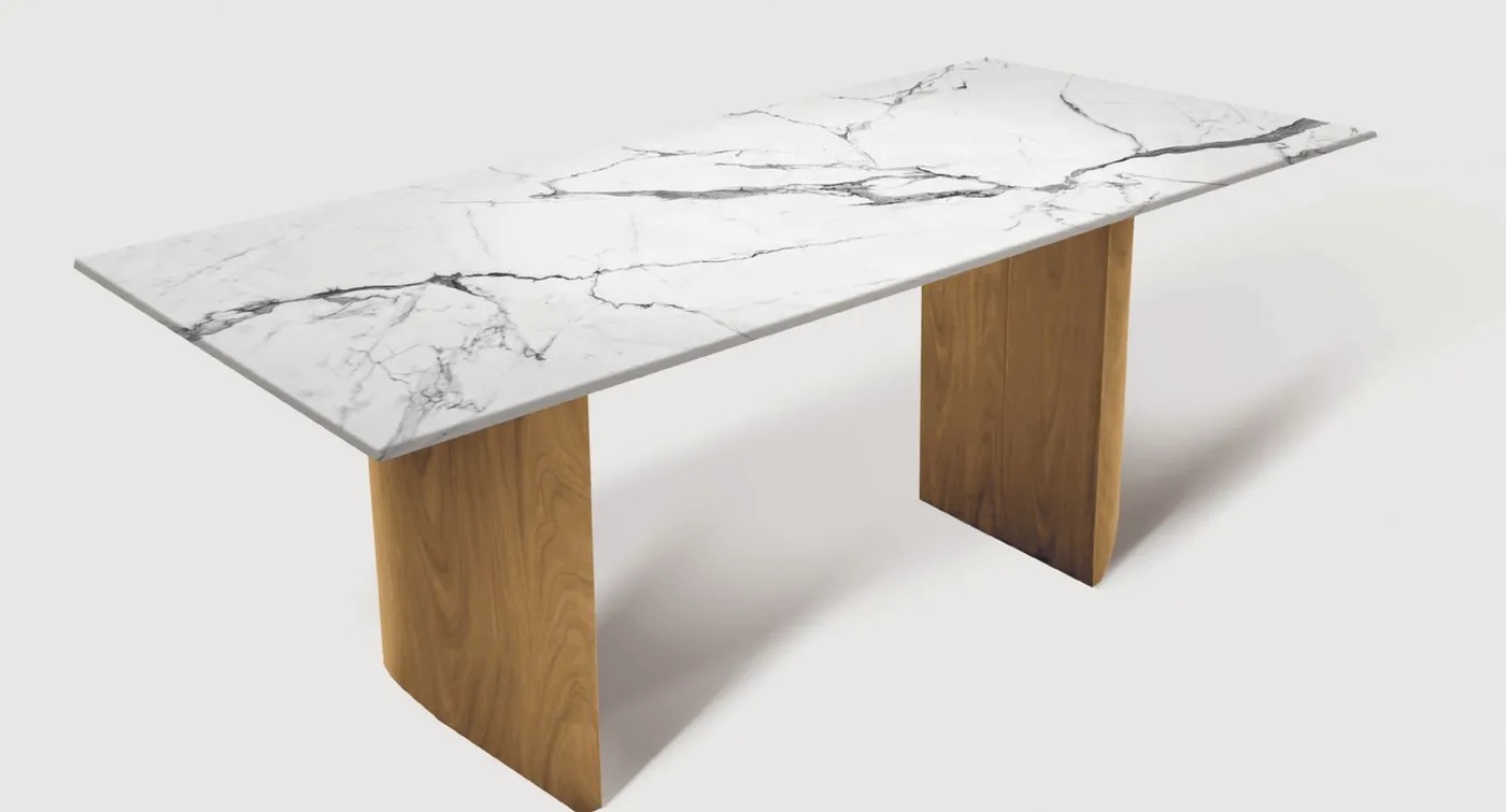 Mesa de Jantar Cannes — tampo em Mármore Tecnológico, base em aço carbono