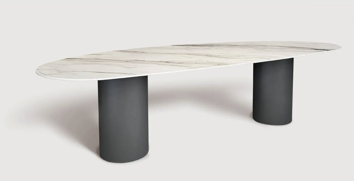 Mesa de jantar Cylinder — tampo em Mármore Tecnológico, base em aço carbono