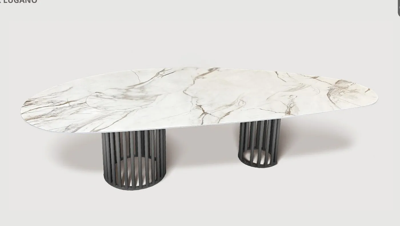 Mesa de Jantar Lugano — tampo em Mármore Tecnológico, base em aço carbono