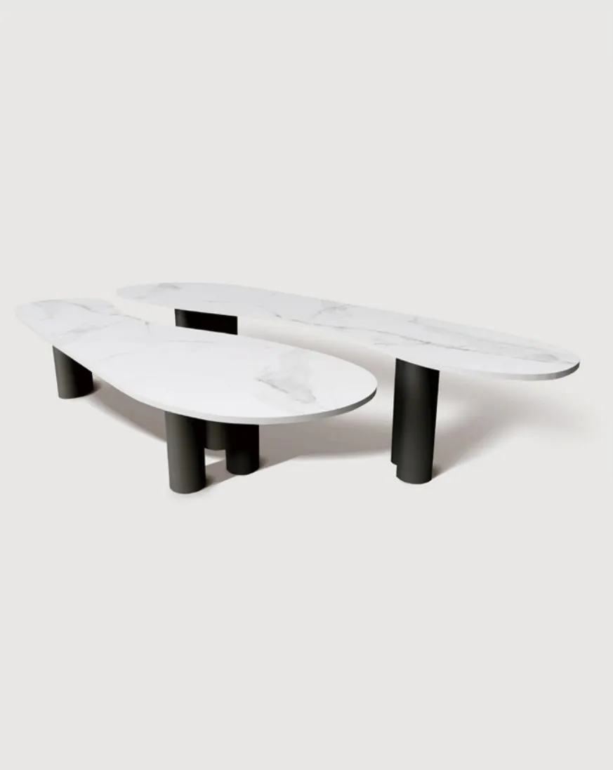 Mesa de Centro Pipes — tampo em Mármore Tecnológico, base em aço carbono