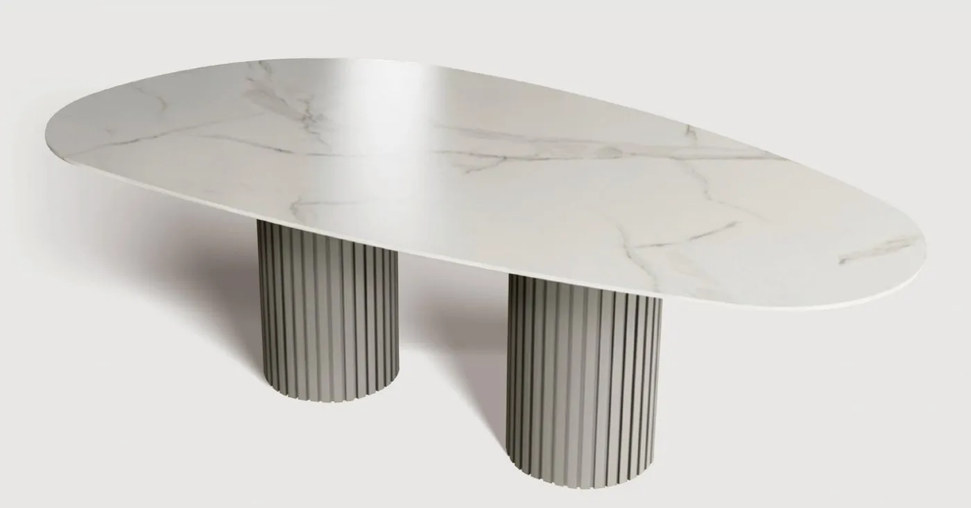 Mesa de Jantar Ripped — tampo em Mármore Tecnológico, base em aço carbono