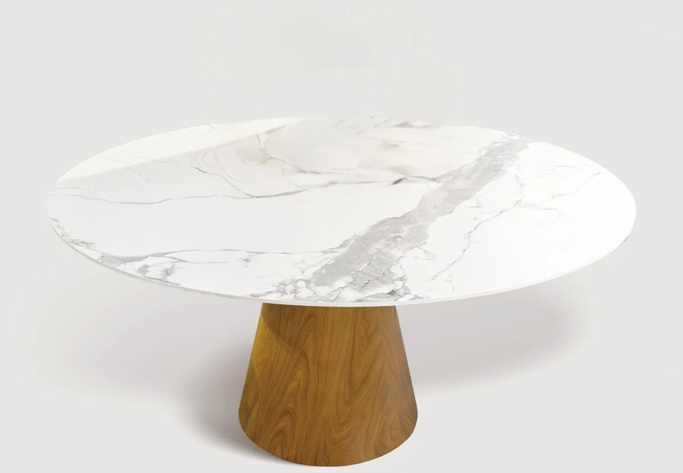 Mesa de Jantar Wood Cônico — tampo em Mármore Tecnológico, base em aço carbono