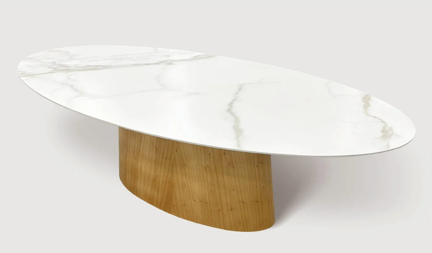 Mesa de Jantar Wood Oval Cônica — tampo em Mármore Tecnológico, base em aço carbono