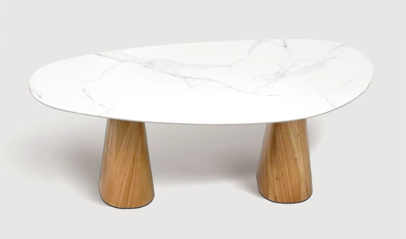 Mesa de Jantar Wood Trapézio — tampo em Mármore Tecnológico, base em aço carbono
